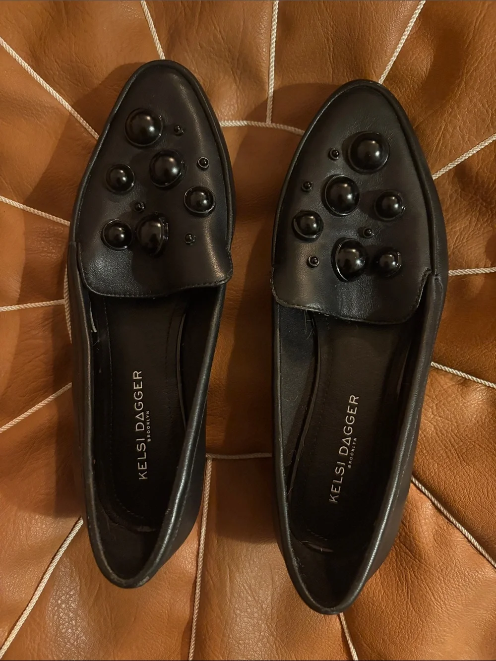 Kelsi Dagger Black Leather Beaded Pointed-Toe Flats